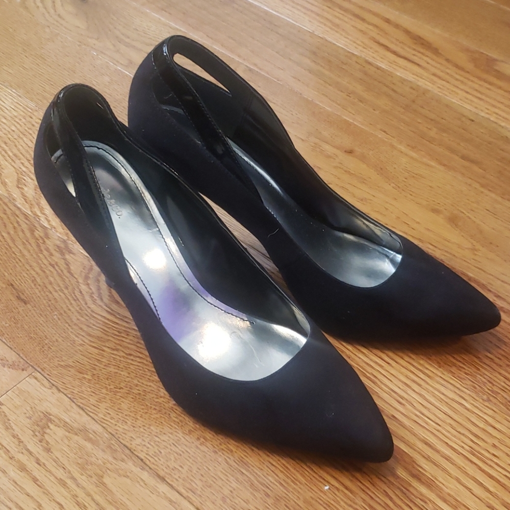 Black velvet and leather heels